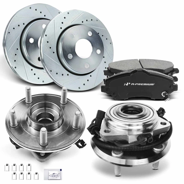 2007-2010 Jeep Wrangler Drilled & Slotted Disc Brake Rotors and Ceramic Pads Kit with Calipers, 8 Pcs, Front Driver & Passenger, A-Premium, APBRPS487