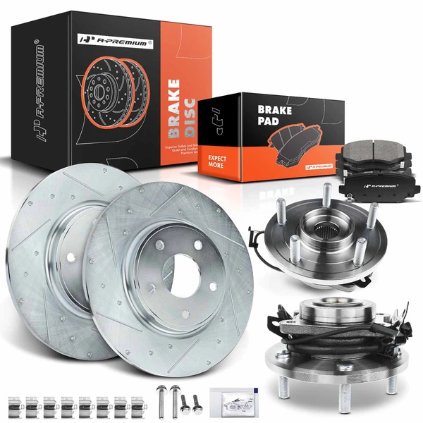 Drilled & Slotted Disc Brake Rotors and Ceramic Pads Kit with Calipers, 8 Pcs, Rear Driver & Passenger, A-Premium, APBRPS490