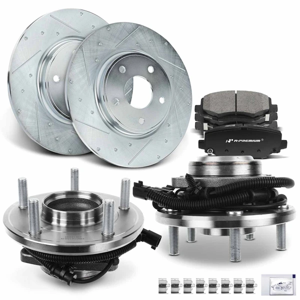 2012-2016 Chrysler Town & Country Drilled & Slotted Disc Brake Rotors and Ceramic Pads Kit with Calipers, 8 Pcs, Rear Driver & Passenger, A-Premium, APBRPS491