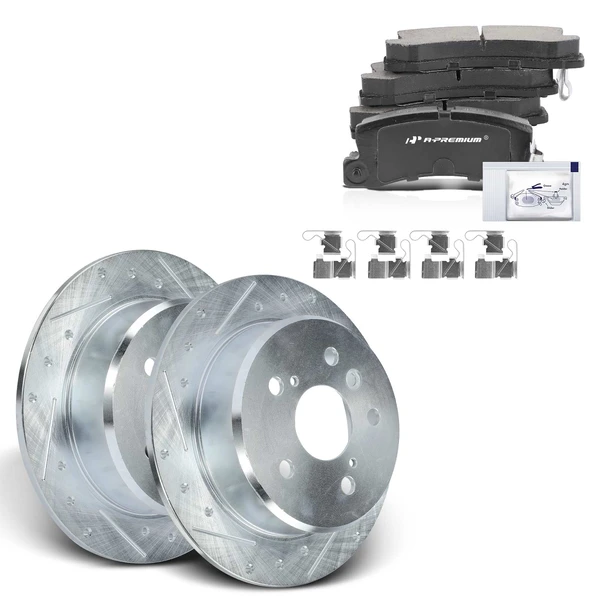 1999 Lexus ES300 Drilled & Slotted Disc Brake Rotors and Ceramic Pads Kit, 6 Pcs, Rear Driver & Passenger, A-Premium, APBRPS609