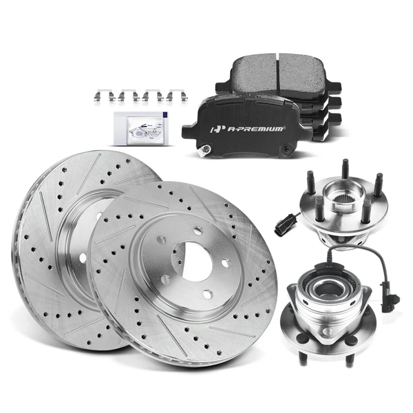 2005-2010 Pontiac G6 Drilled & Slotted Disc Brake Rotors and Ceramic Pads Kit with Calipers, 8 Pcs, Front Driver & Passenger, A-Premium, APBRPS497