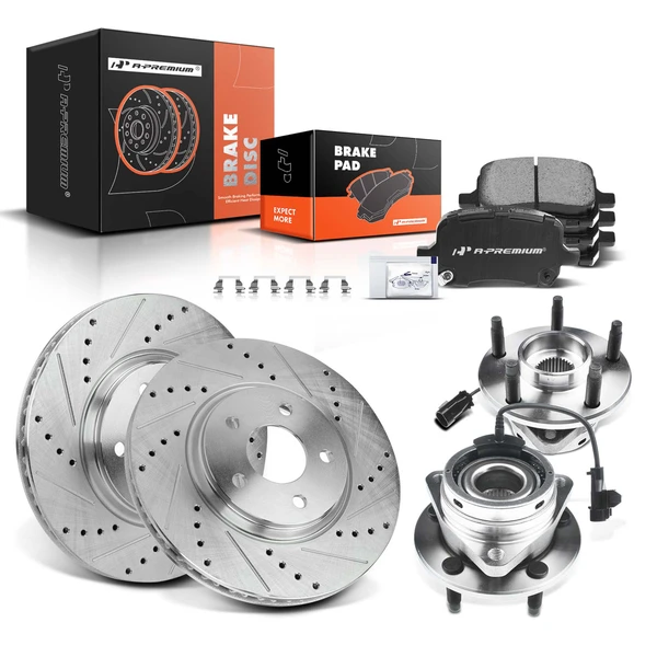 2006-2012 Chevrolet Malibu Drilled & Slotted Disc Brake Rotors and Ceramic Pads Kit with Calipers, 8 Pcs, Front Driver & Passenger, A-Premium, APBRPS497