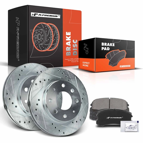 2002-2007 Mitsubishi Lancer Drilled & Slotted Disc Brake Rotors and Ceramic Pads Kit, 6 Pcs, Front Driver & Passenger, A-Premium, APBRPS613
