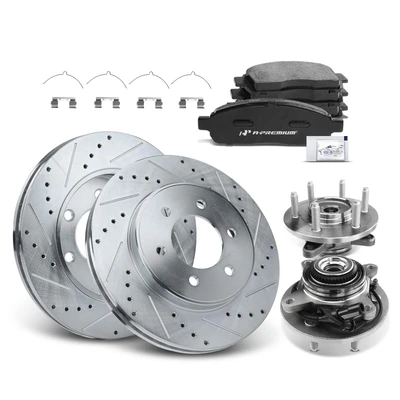 Front Drilled Brake Rotors & Pads + Hub Bearing