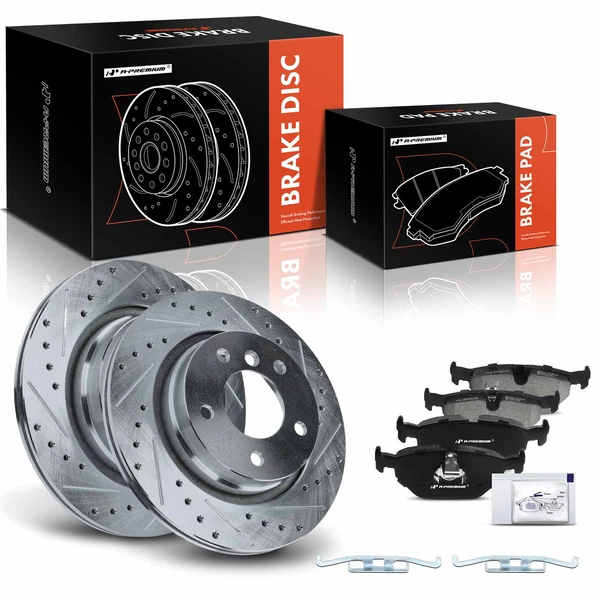2000 BMW 323i Drilled & Slotted Disc Brake Rotors and Ceramic Pads Kit, 6 Pcs, Rear Driver & Passenger, A-Premium, APBRPS411