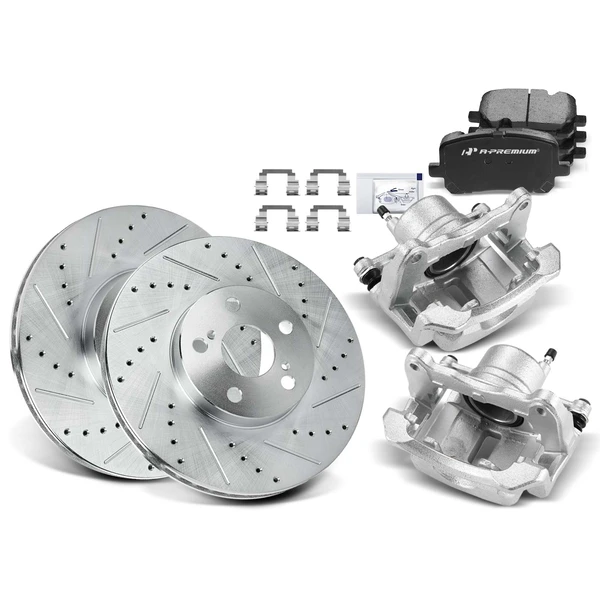2003-2008 Pontiac Vibe Drilled & Slotted Disc Brake Rotors and Ceramic Pads Kit with Calipers, 8 Pcs, Front Driver & Passenger, A-Premium, APBRPS492