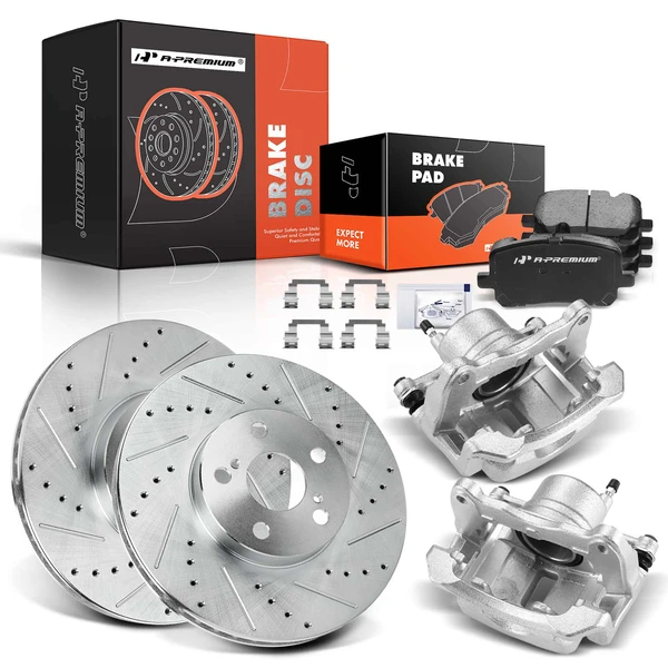 Drilled & Slotted Disc Brake Rotors and Ceramic Pads Kit with Calipers, 8 Pcs, Front Driver & Passenger, A-Premium, APBRPS492