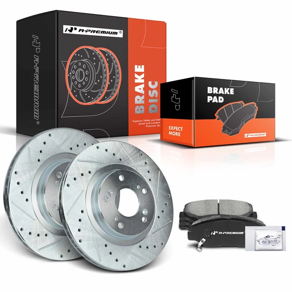 2013-2015 Acura ILX Drilled & Slotted Disc Brake Rotors and Ceramic Pads Kit, 6 Pcs, Front Driver & Passenger, A-Premium, APBRPS647