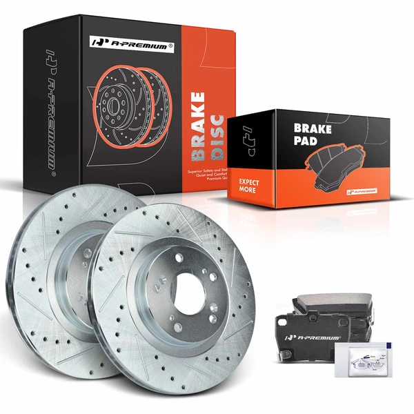 2004-2005 Toyota RAV4 Drilled & Slotted Disc Brake Rotors and Ceramic Pads Kit, 6 Pcs, Rear Driver & Passenger, A-Premium, APBRPS650