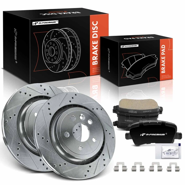 2008-2016 Volvo XC70 Drilled & Slotted Disc Brake Rotors and Ceramic Pads Kit, 6 Pcs, Rear Driver & Passenger, A-Premium, APBRPS1392