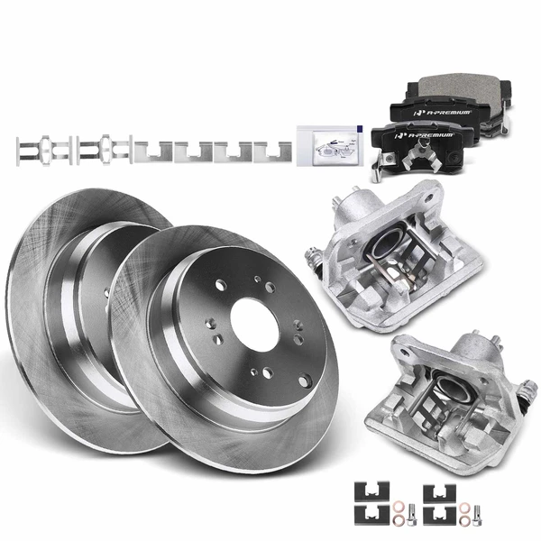 2005-2006 Honda CR-V Drilled & Slotted Disc Brake Rotors and Ceramic Pads Kit with Calipers, 8 Pcs, Rear Driver & Passenger, A-Premium, APBRPS551