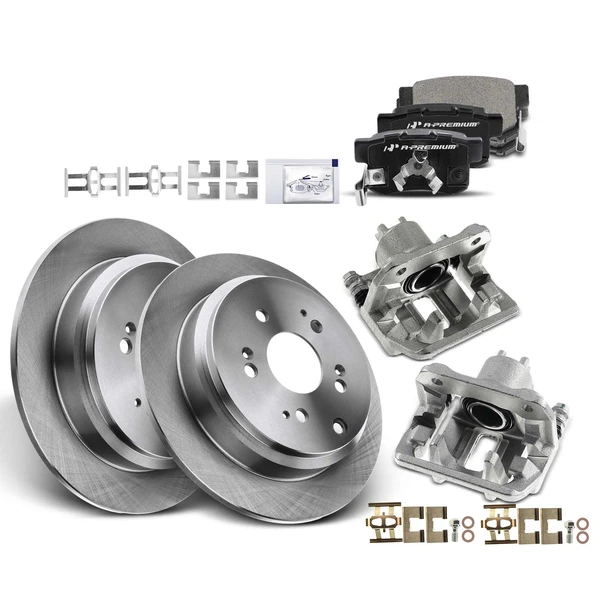 2013-2018 Acura RDX Drilled & Slotted Disc Brake Rotors and Ceramic Pads Kit with Calipers, 8 Pcs, Rear Driver & Passenger, A-Premium, APBRPS552