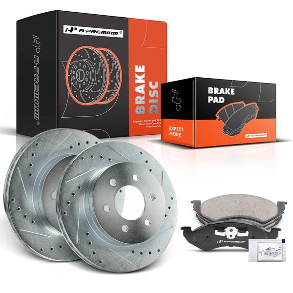 2000-2002 Dodge Dakota Drilled & Slotted Disc Brake Rotors and Ceramic Pads Kit, 6 Pcs, Front Driver & Passenger, A-Premium, APBRPS654