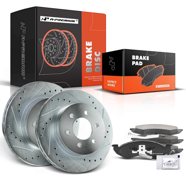 1998-1999 Dodge Durango Drilled & Slotted Disc Brake Rotors and Ceramic Pads Kit, 6 Pcs, Front Driver & Passenger, A-Premium, APBRPS655