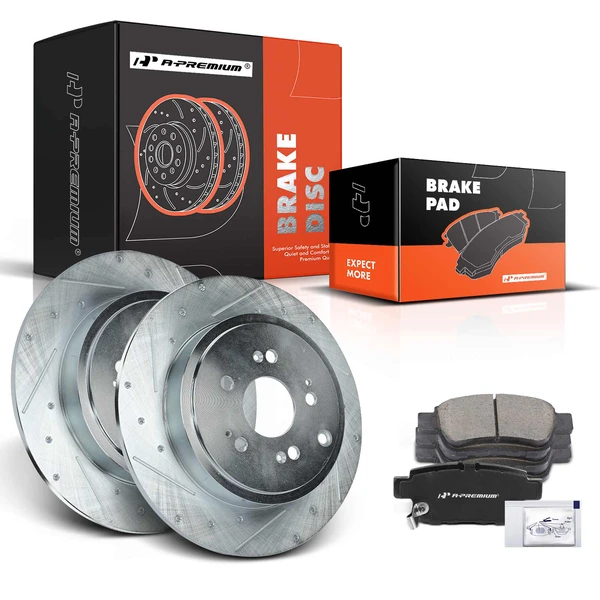 2006-2014 Honda Ridgeline Drilled & Slotted Disc Brake Rotors and Ceramic Pads Kit, 6 Pcs, Rear Driver & Passenger, A-Premium, APBRPS663