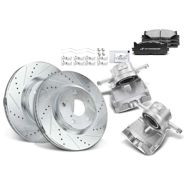 2007-2018 Lexus ES350 Drilled & Slotted Disc Brake Rotors and Ceramic Pads Kit with Calipers, 8 Pcs, Front Driver & Passenger, A-Premium, APBRPS493