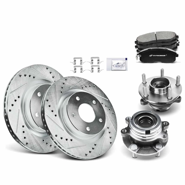 2007-2012 Nissan Altima Drilled & Slotted Disc Brake Rotors and Ceramic Pads Kit with Calipers, 8 Pcs, Front Driver & Passenger, A-Premium, APBRPS495