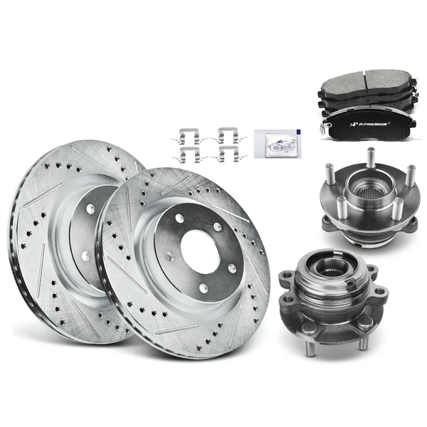 Drilled & Slotted Disc Brake Rotors and Ceramic Pads Kit with Calipers, 8 Pcs, Front Driver & Passenger, A-Premium, APBRPS496