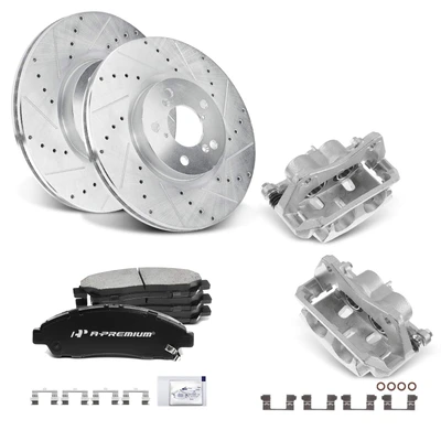 Front Drilled Brake Rotors & Pads + Brake Calipers
