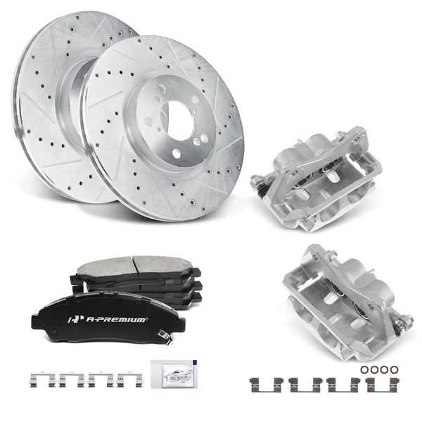 2009-2015 Honda Pilot Drilled & Slotted Disc Brake Rotors and Ceramic Pads Kit with Calipers, 8 Pcs, Front Driver & Passenger, A-Premium, APBRPS502