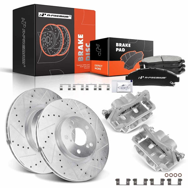 Drilled & Slotted Disc Brake Rotors and Ceramic Pads Kit with Calipers, 8 Pcs, Front Driver & Passenger, A-Premium, APBRPS502
