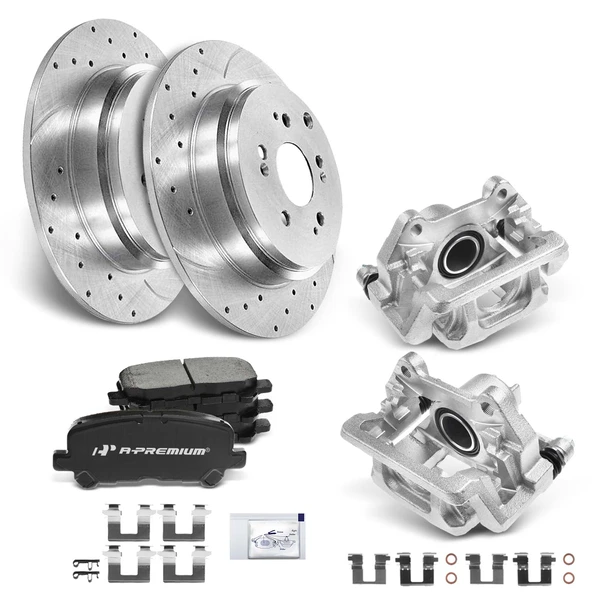 Drilled & Slotted Disc Brake Rotors and Ceramic Pads Kit with Calipers, 8 Pcs, Rear Driver & Passenger, A-Premium, APBRPS503