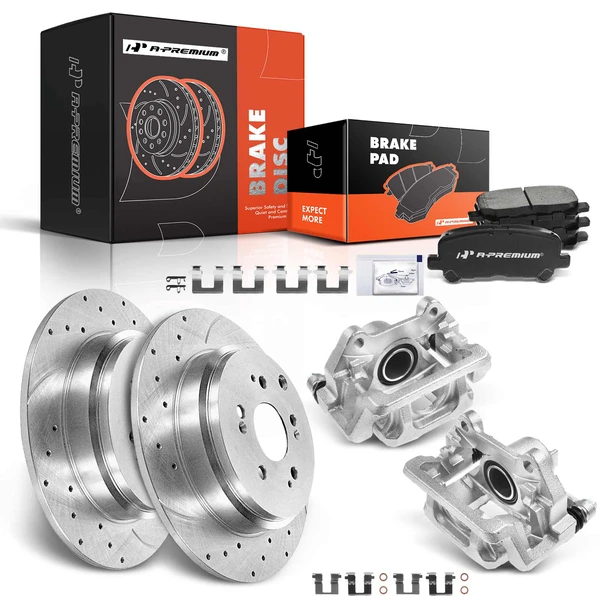 Drilled & Slotted Disc Brake Rotors and Ceramic Pads Kit with Calipers, 8 Pcs, Rear Driver & Passenger, A-Premium, APBRPS503