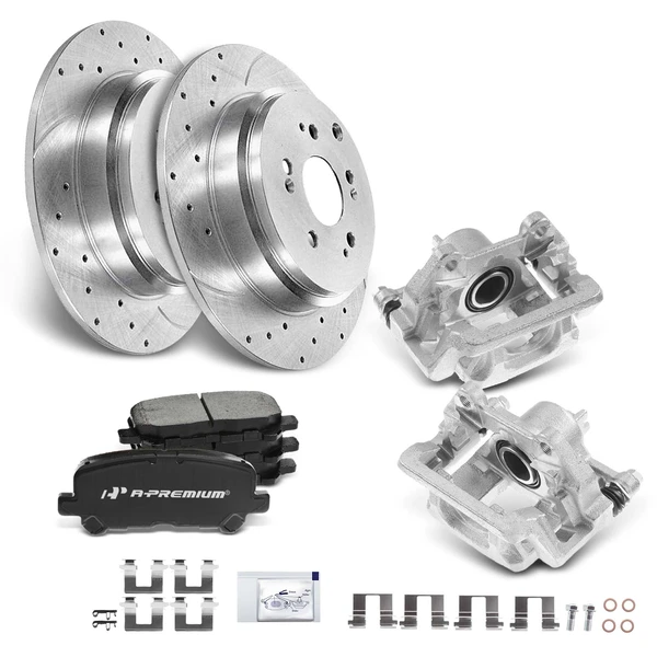 2009-2015 Honda Pilot Drilled & Slotted Disc Brake Rotors and Ceramic Pads Kit with Calipers, 8 Pcs, Rear Driver & Passenger, A-Premium, APBRPS504