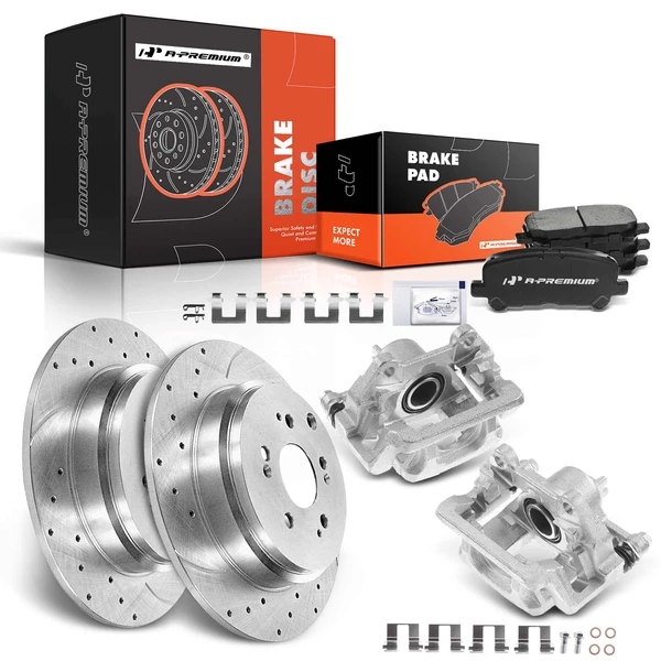 Drilled & Slotted Disc Brake Rotors and Ceramic Pads Kit with Calipers, 8 Pcs, Rear Driver & Passenger, A-Premium, APBRPS504