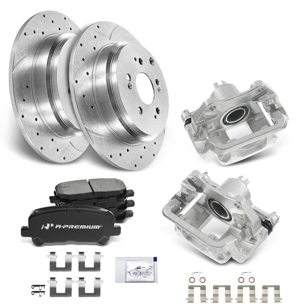 2011-2017 Honda Odyssey Drilled & Slotted Disc Brake Rotors and Ceramic Pads Kit with Calipers, 8 Pcs, Rear Driver & Passenger, A-Premium, APBRPS505