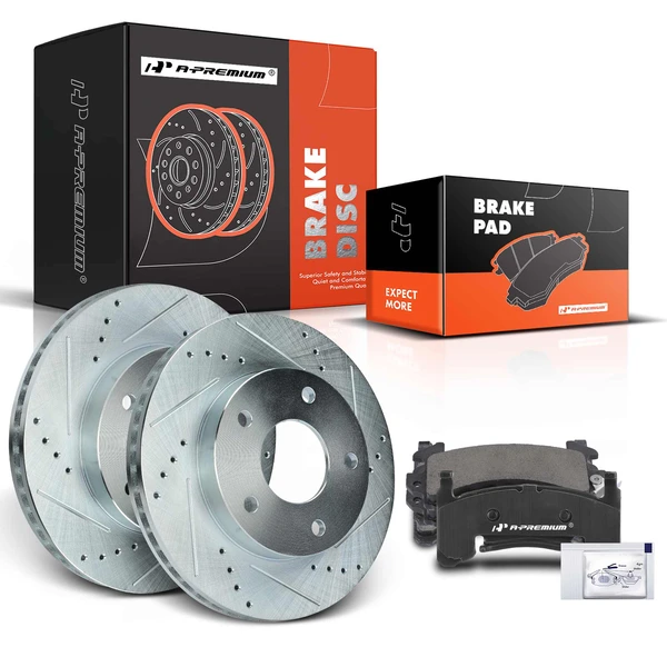 1979-1985 Buick Riviera Drilled & Slotted Disc Brake Rotors and Ceramic Pads Kit, 6 Pcs, A-Premium, APBRPS687
