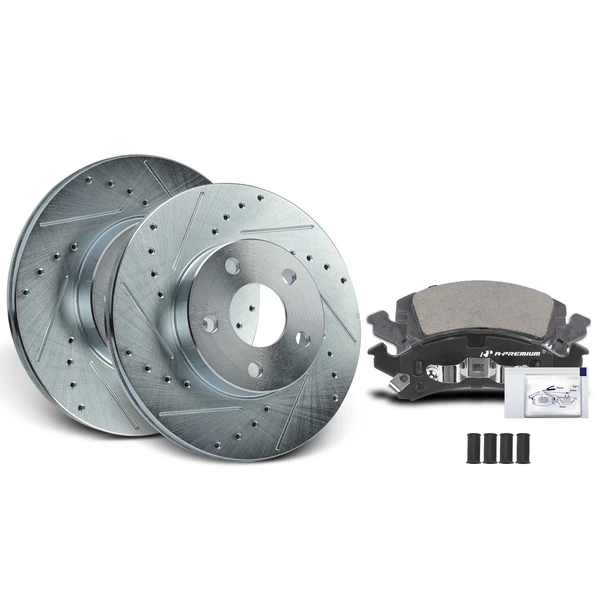 1990-1998 Pontiac Grand Am Drilled & Slotted Disc Brake Rotors and Ceramic Pads Kit, 6 Pcs, Front Driver & Passenger, A-Premium, APBRPS688