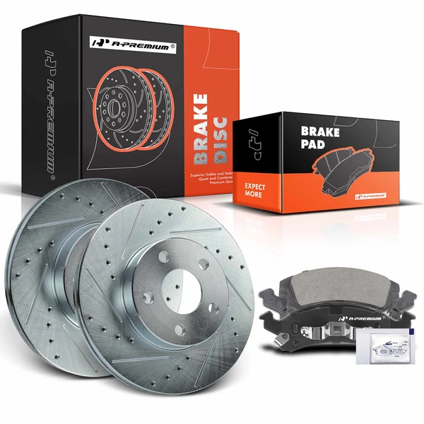 1990-1998 Buick Skylark Drilled & Slotted Disc Brake Rotors and Ceramic Pads Kit, 6 Pcs, Front Driver & Passenger, A-Premium, APBRPS688