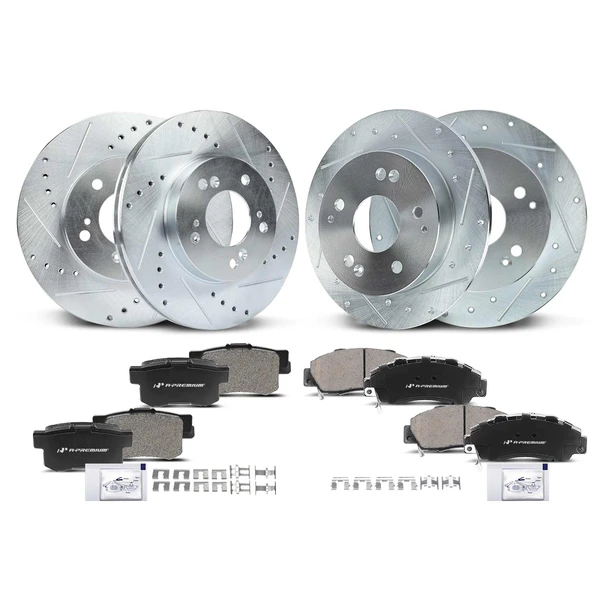 1997-1998 2000-2001 Acura Integra Drilled & Slotted Disc Brake Rotors and Ceramic Pads Kit, 12 Pcs, Front & Rear, A-Premium, APBRPS694