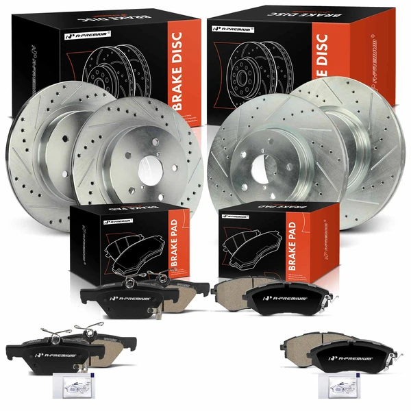 Drilled & Slotted Disc Brake Rotors and Ceramic Pads Kit, 12 Pcs, Front & Rear, A-Premium, APBRPS1357