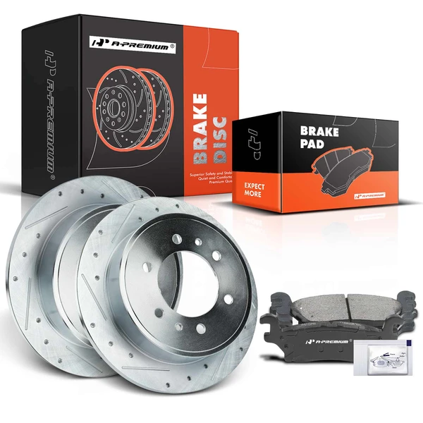 2009-2010 Hummer H3T Drilled & Slotted Disc Brake Rotors and Ceramic Pads Kit, 6 Pcs, Rear Driver & Passenger, A-Premium, APBRPS698