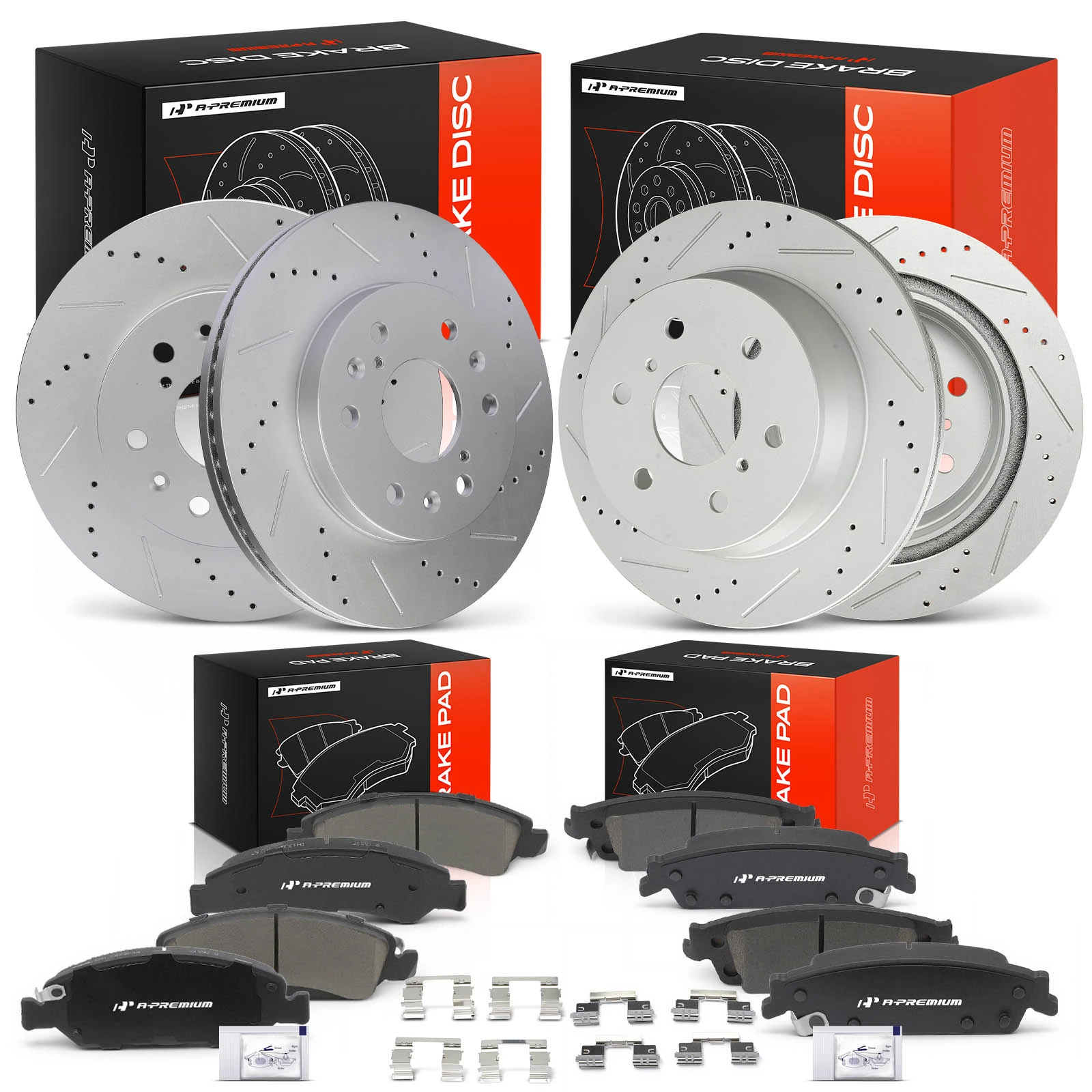 The A-premium Drilled & Slotted Disc Brake Rotors and Ceramic Pads Kit, 12 Pcs, Front & Rear, A-Premium, APBRPS197 Image 