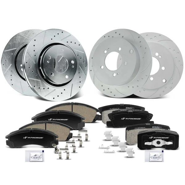 2009-2015 Mitsubishi Lancer Drilled & Slotted Disc Brake Rotors and Ceramic Pads Kit, 12 Pcs, Front & Rear, A-Premium, APBRPS1362