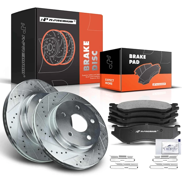 2002-2005 Dodge Ram 1500 Drilled & Slotted Disc Brake Rotors and Ceramic Pads Kit, 6 Pcs, Front Driver & Passenger, A-Premium, APBRPS220