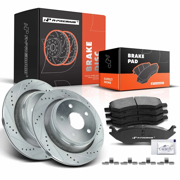 2005-2010 Dodge Ram 1500 Drilled & Slotted Disc Brake Rotors and Ceramic Pads Kit, 6 Pcs, Rear Driver & Passenger, A-Premium, APBRPS072