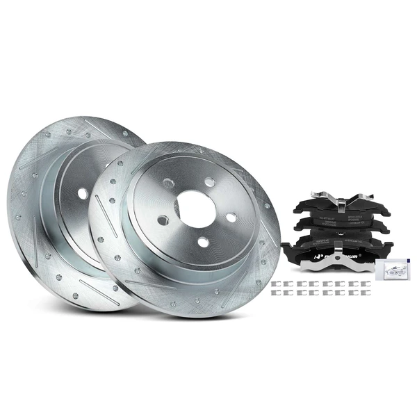 Drilled & Slotted Disc Brake Rotors and Ceramic Pads Kit, 6 Pcs, Rear Driver & Passenger, A-Premium, APBRPS1050