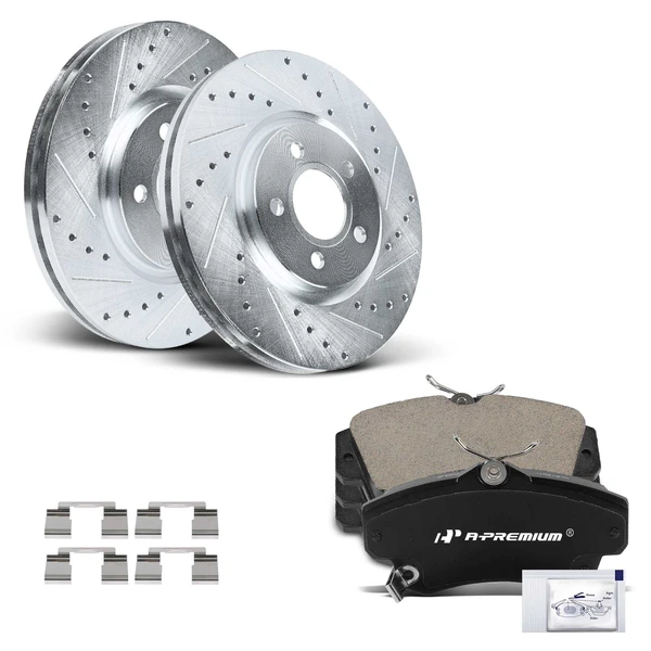 2003-2005 Dodge Neon Drilled & Slotted Disc Brake Rotors and Ceramic Pads Kit, 6 Pcs, Front Driver & Passenger, A-Premium, APBRPS942