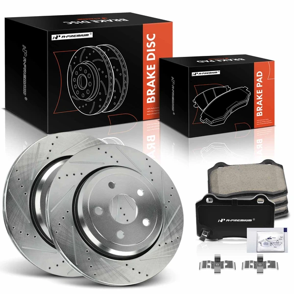 2012-2020 Jeep Grand Cherokee Drilled & Slotted Disc Brake Rotors and Ceramic Pads Kit, 6 Pcs, Rear Driver & Passenger, A-Premium, APBRPS1135