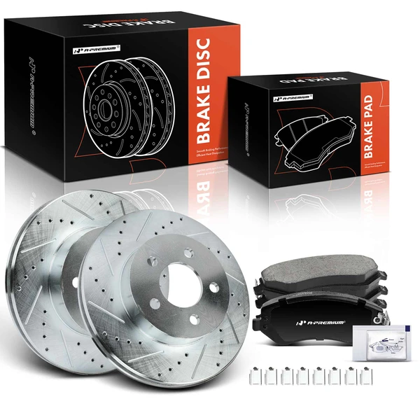 2002-2007 Jeep Liberty Drilled & Slotted Disc Brake Rotors and Ceramic Pads Kit, 6 Pcs, Front Driver & Passenger, A-Premium, APBRPS335