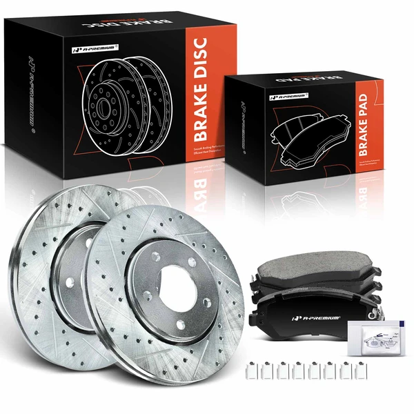 2001-2003 Chrysler Voyager Drilled & Slotted Disc Brake Rotors and Ceramic Pads Kit, 6 Pcs, Front Driver & Passenger, A-Premium, APBRPS336