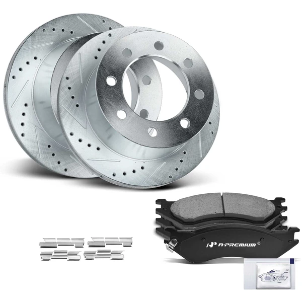 2001-2002 Dodge Ram 3500 Drilled & Slotted Disc Brake Rotors and Ceramic Pads Kit, 6 Pcs, Rear Driver & Passenger, A-Premium, APBRPS602