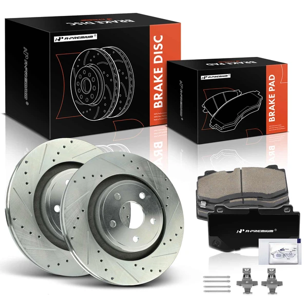 2006-2010 Jeep Grand Cherokee Drilled & Slotted Disc Brake Rotors and Ceramic Pads Kit, 6 Pcs, Front Driver & Passenger, A-Premium, APBRPS1133