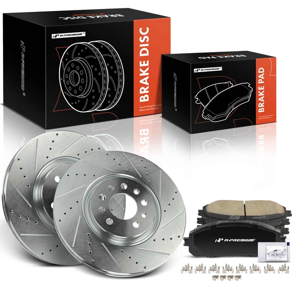 2014-2022 Jeep Cherokee Drilled & Slotted Disc Brake Rotors and Ceramic Pads Kit, 6 Pcs, Front Driver & Passenger, A-Premium, APBRPS1140