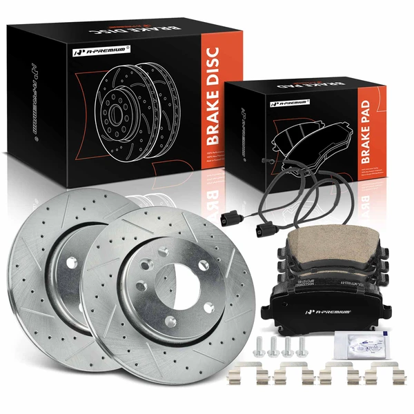 2010-2019 Volkswagen Transporter Drilled & Slotted Disc Brake Rotors and Ceramic Pads Kit, 6 Pcs, Rear Driver & Passenger, A-Premium, APBRPS1143