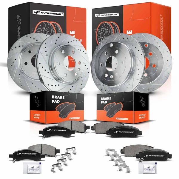 Drilled & Slotted Disc Brake Rotors and Ceramic Pads Kit, 12 Pcs, Front & Rear, A-Premium, APBRPS075